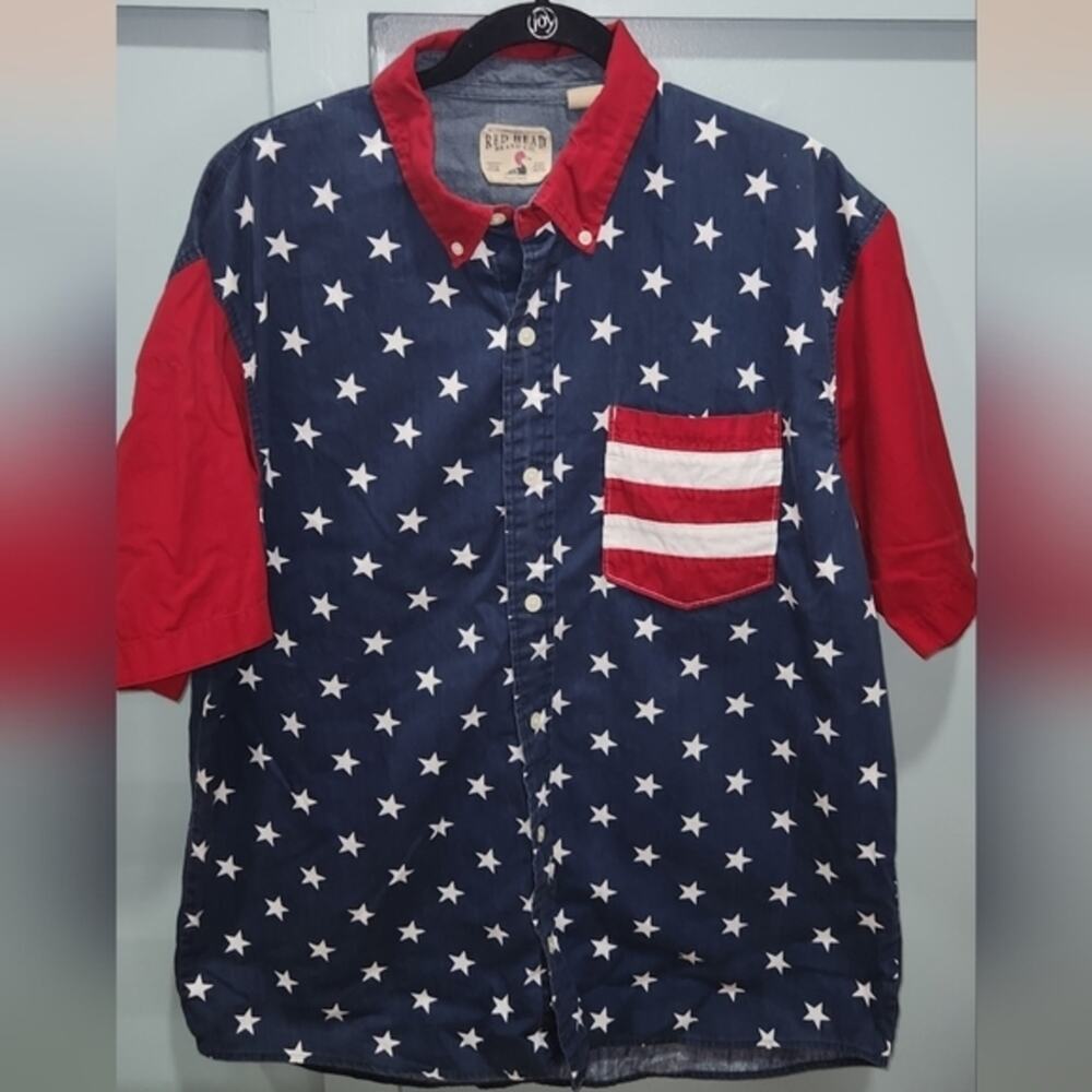 Red Head Brand Co Mens Patriotic American‎ Flag Stars Stripes Short Sleeve L